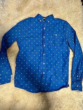 Artistry In Motion Men's Blue Button-Front Shirt with White Spaceships Size S